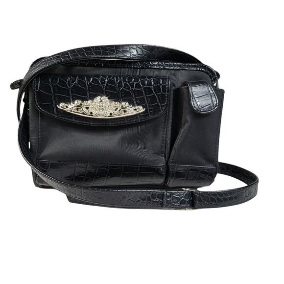 Black Faux Leather Croc Trim Casual Small Saddlebag Cross Body Purse - Picture 2 of 7